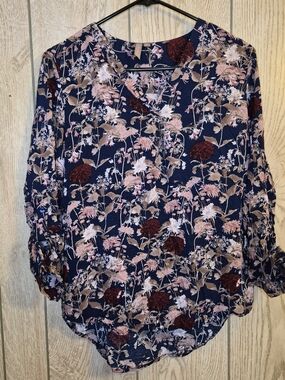 Navy Floral V-Neck Blouse with Pink and Burgundy Blooms